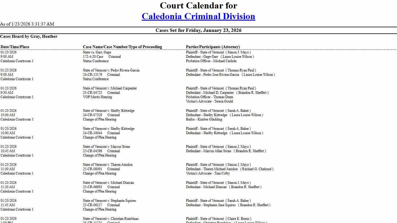 Caledonia Criminal Division Calendar